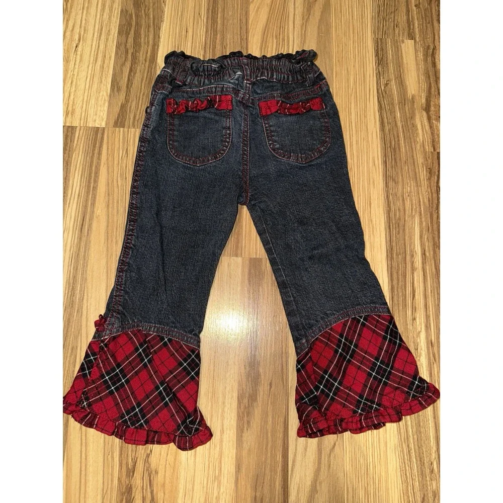 The‎ Children's Place TCP Girls 3T Denim Flared Jeans Red Plaid EUC Y2K